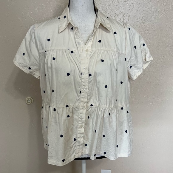 SOLD E Madewell Seamed Heart Print Button Down Short Sleeve Shirt Womens Medium - Picture 3 of 11